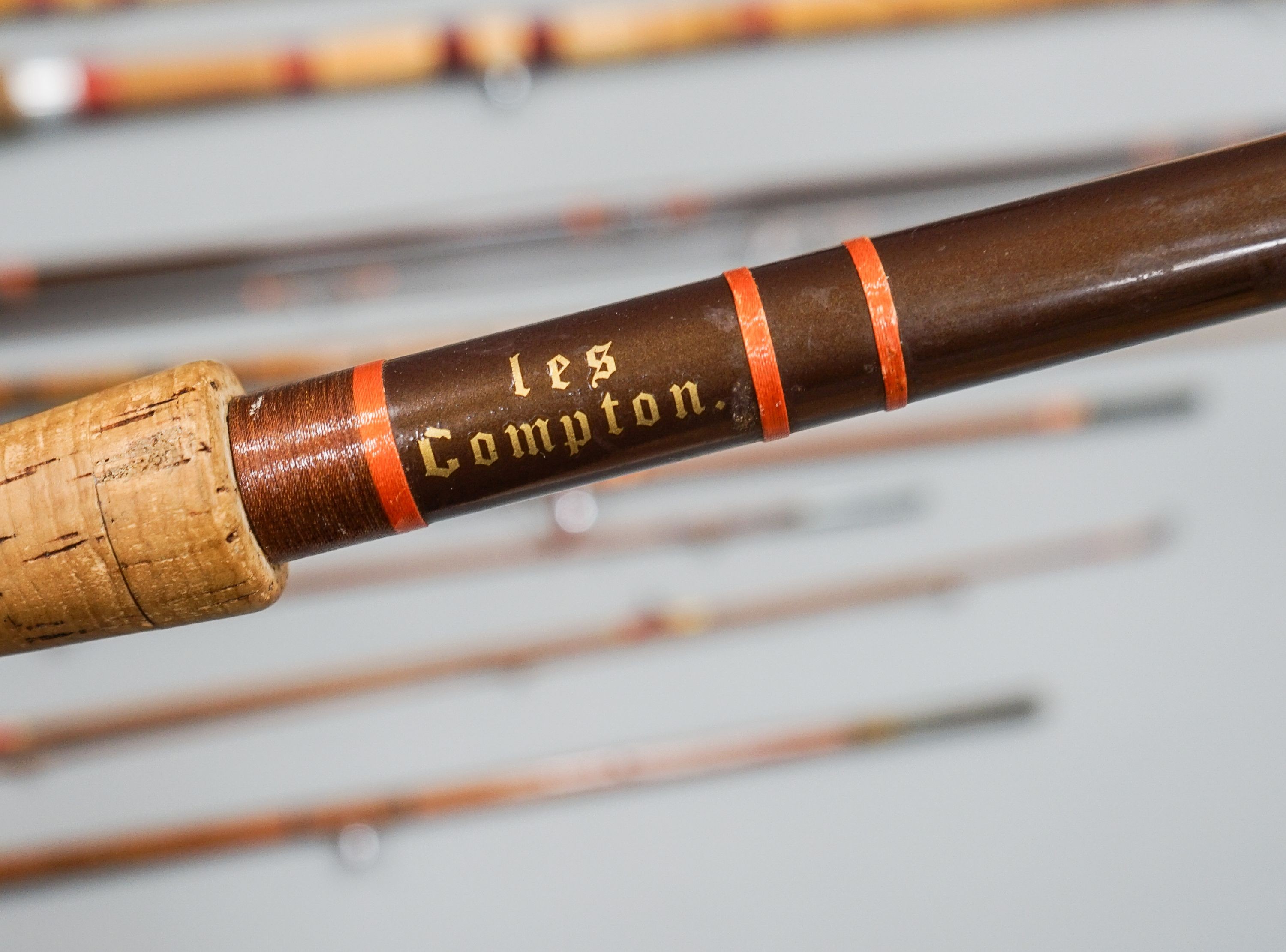 A collection of mixed split cane fishing rods, Les Compton, Elasticane, Carton-James and another (4)